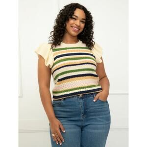 Eloquii Cream Multicolor Stripe Short Sleeve Sweater Women's Plus Size 18/20 EUC